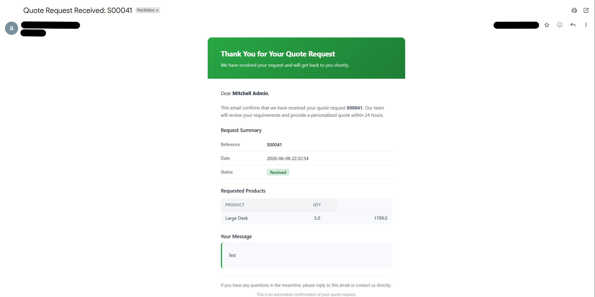 Customer confirmation email with green gradient header