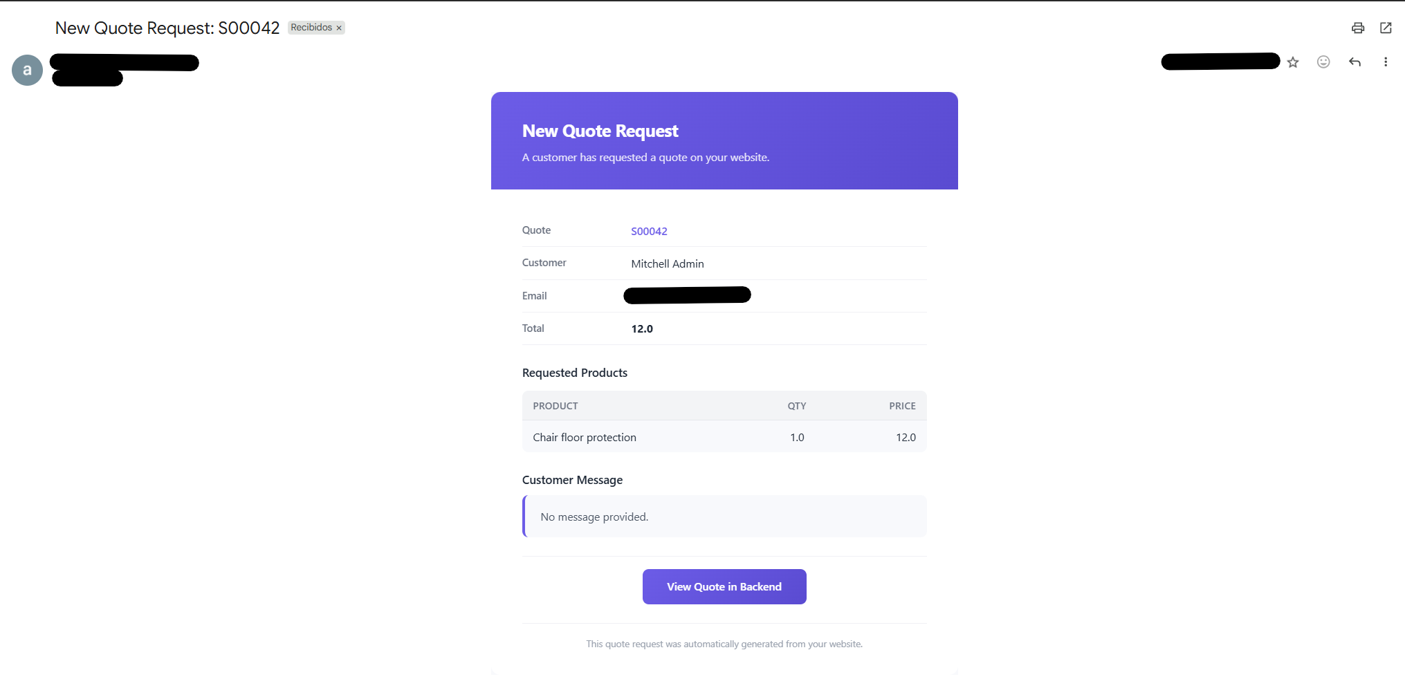 Sales team notification email with purple gradient header and quote details