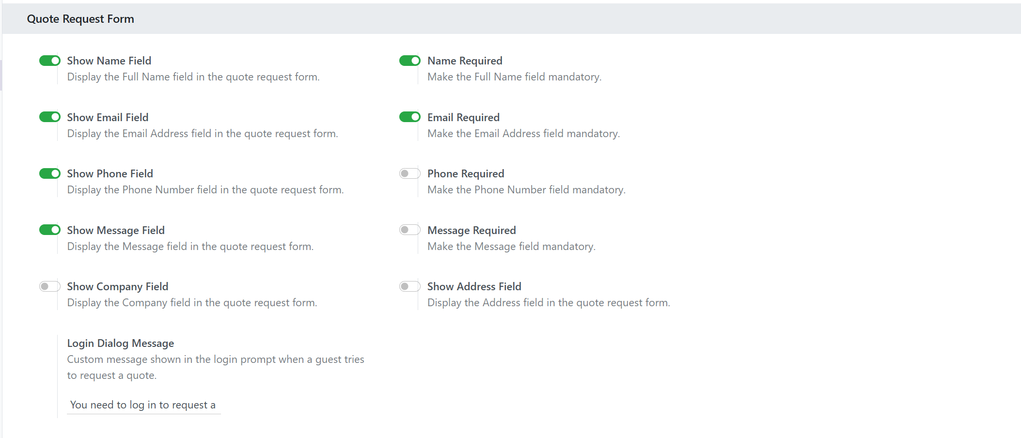 Quote Request Form settings with field visibility and required toggles