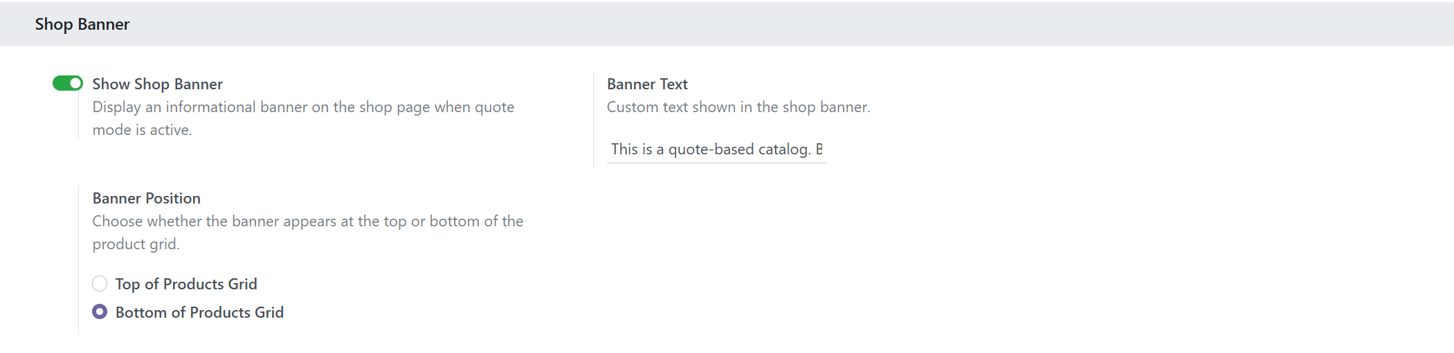 Shop Banner settings with toggle, text, and position options