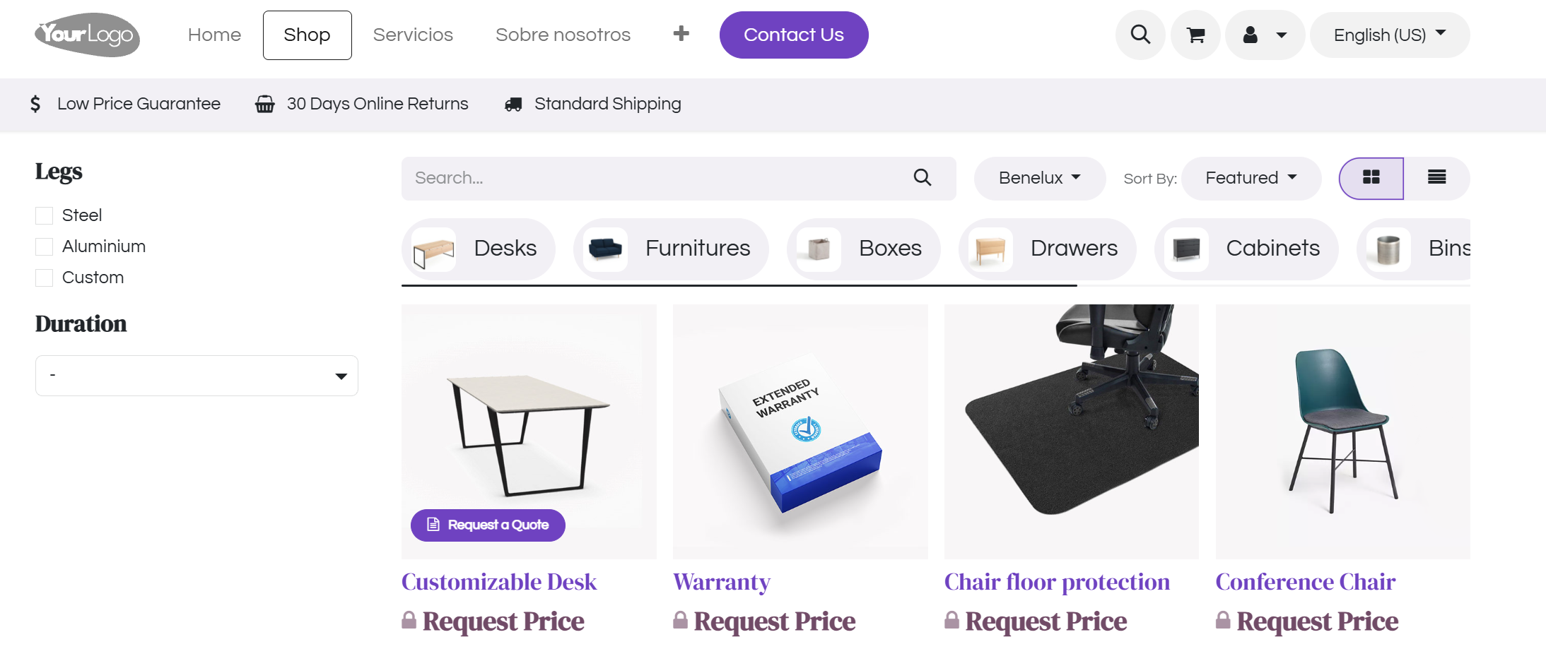 Shop grid showing Request a Quote button and Request Price badge on products