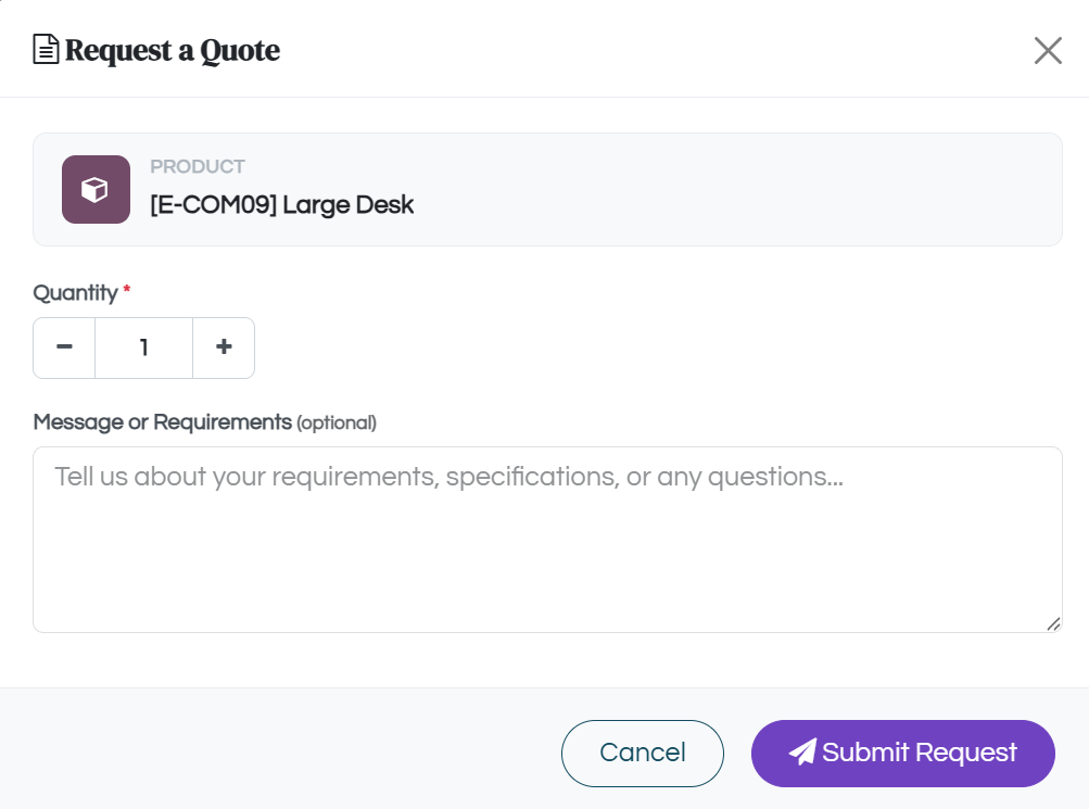 Quote request modal with product info, quantity stepper, message field, and contact fields