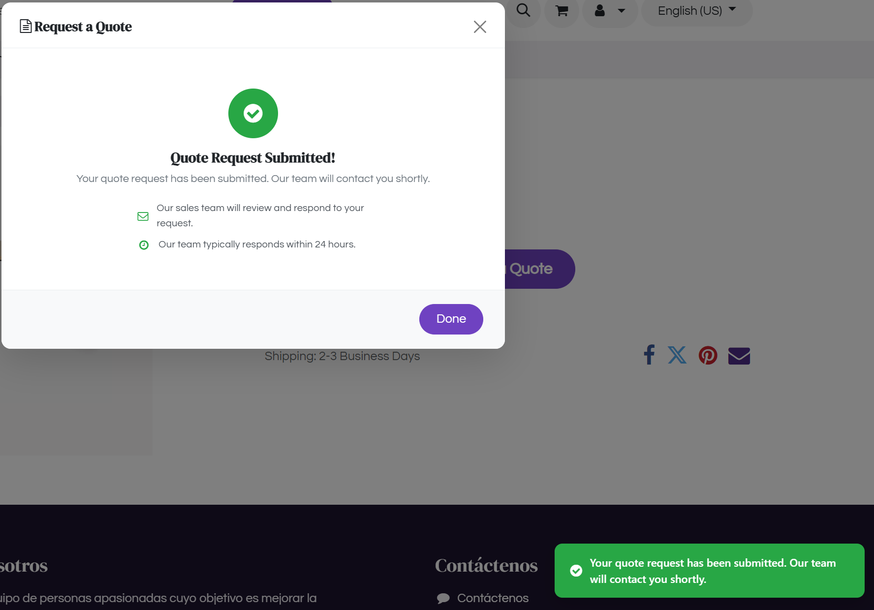 Success state showing Quote Request Submitted message with green toast notification